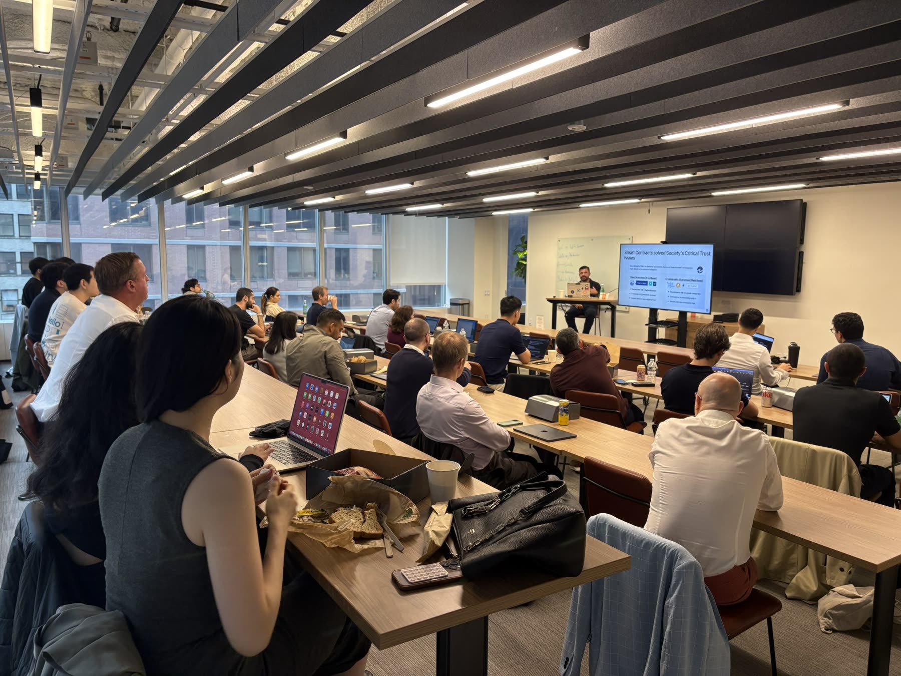 A full New York City classroom watching Dave Isbitski teach a Chainlink Lunch and Learn