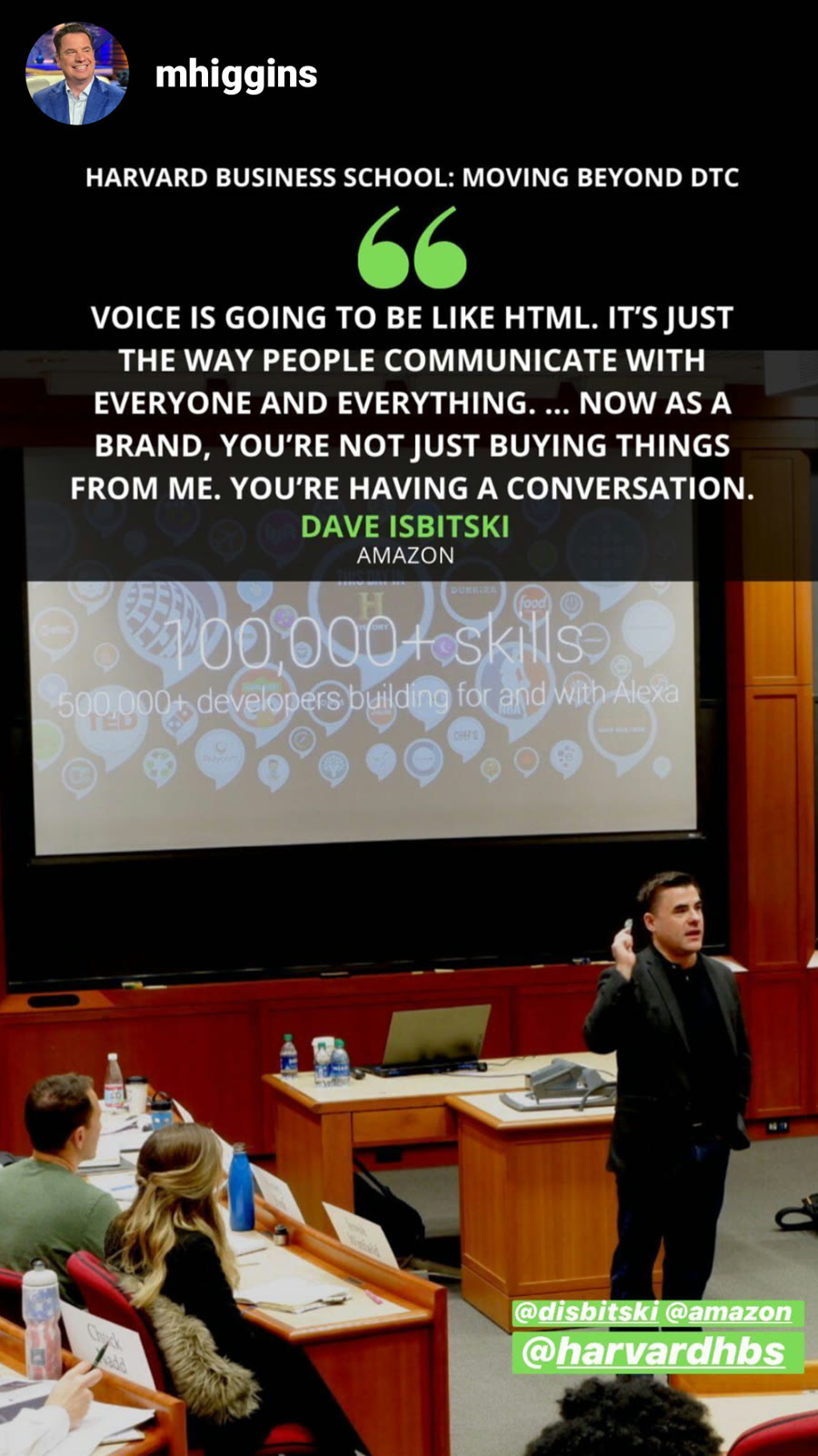 Social recap from Matt Higgins quoting Dave Isbitski on voice, brands, and customer conversation at Harvard Business School