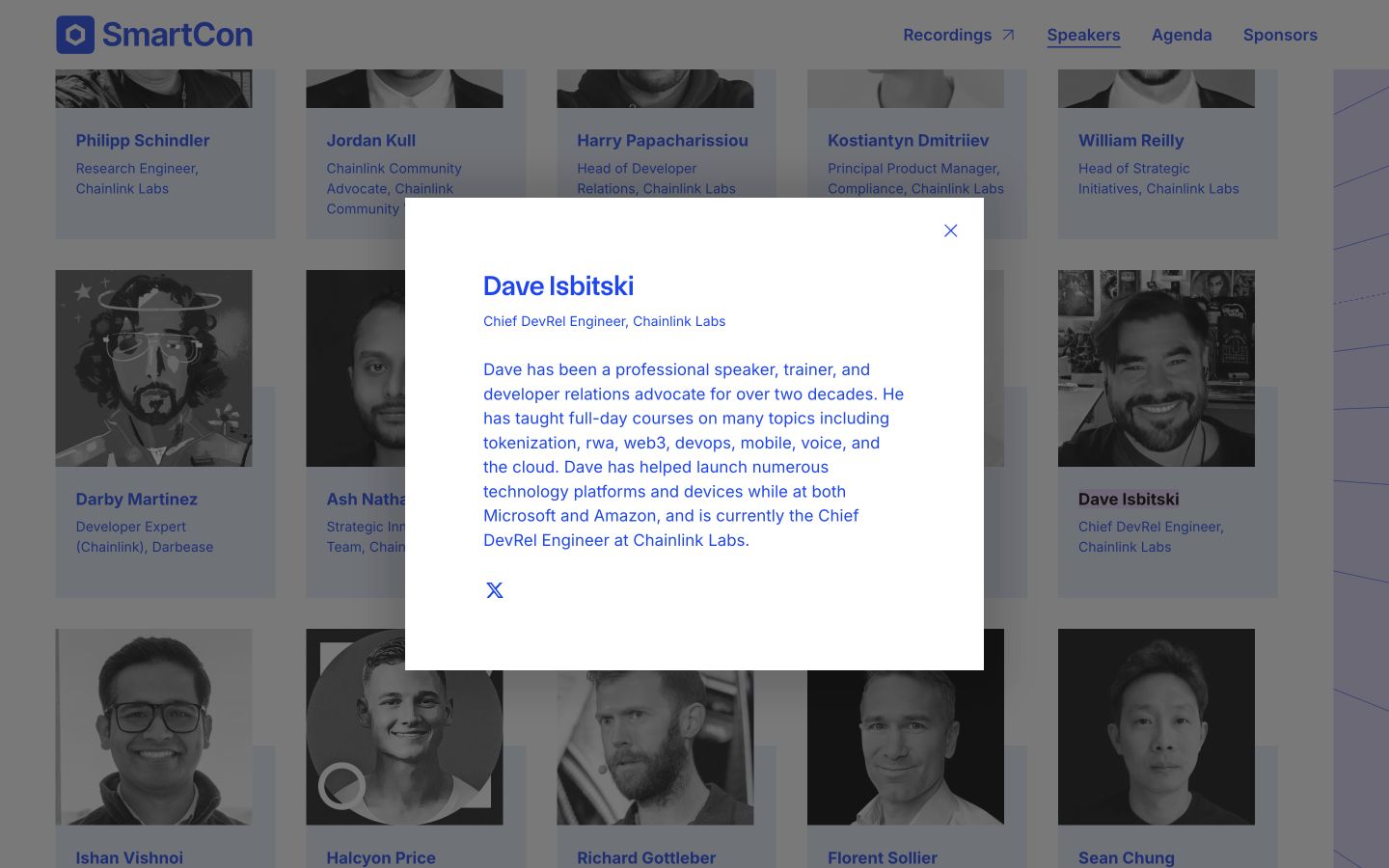 The official SmartCon 2025 speaker page with Dave Isbitski's biography open in a modal
